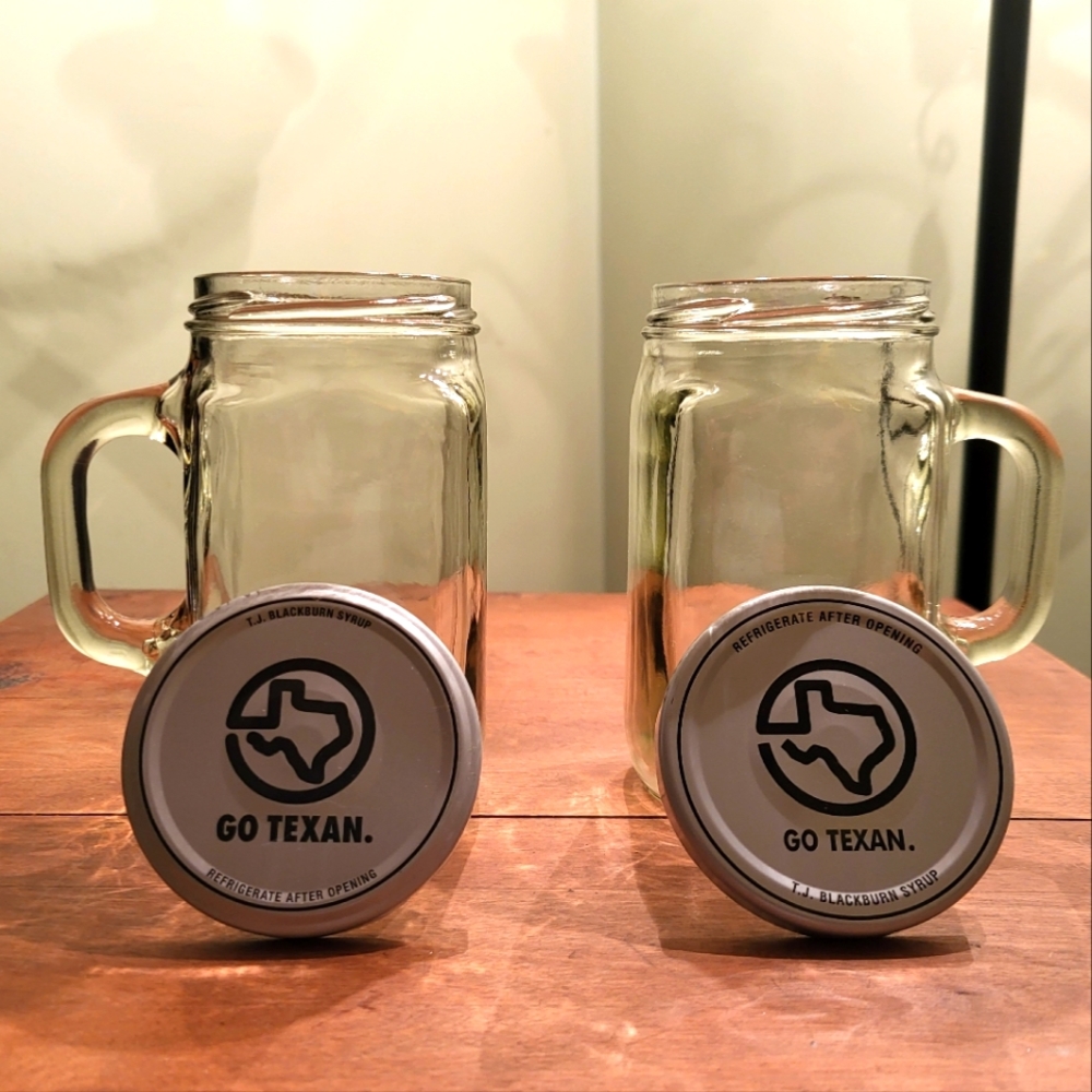 Set of 2 Clear Glass Handle Square Jelly Jar Mug Texan Style 16 Ounces